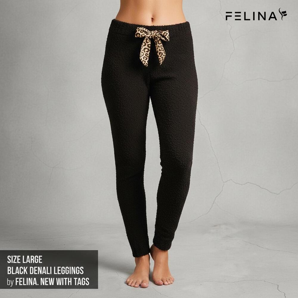 Felina Black Denali Leggings Size Large w/Leopard Print Bow